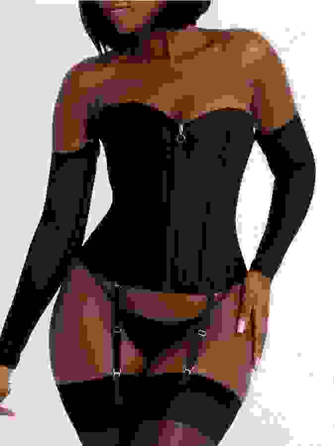 Lovehoney Secret Silhouette Black Steel-Boned Long Sleeve Corset, Black, hi-res